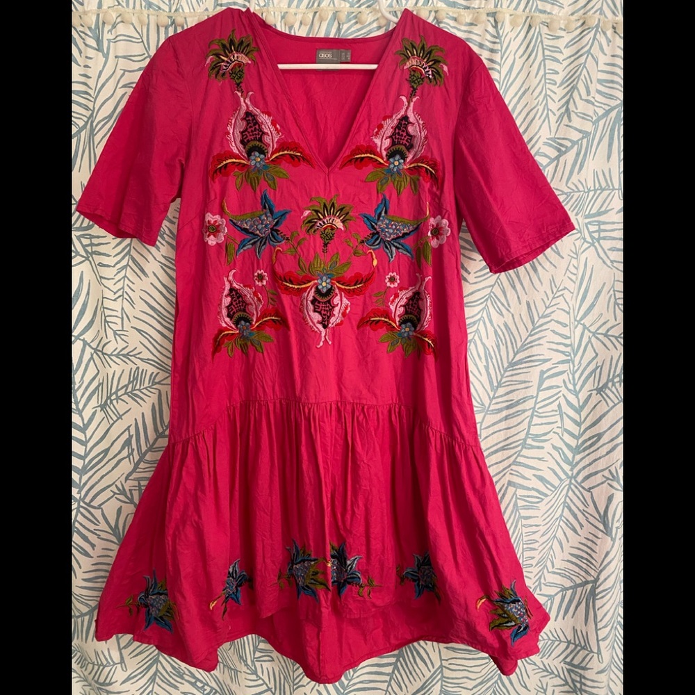 ASOS Pink Vneck Embroidered Dress with flounce hem
